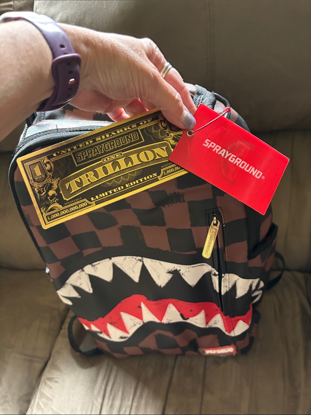 Sprayground Brown and Black Checker Shark Mouth Backpack - Picture 2 of 4